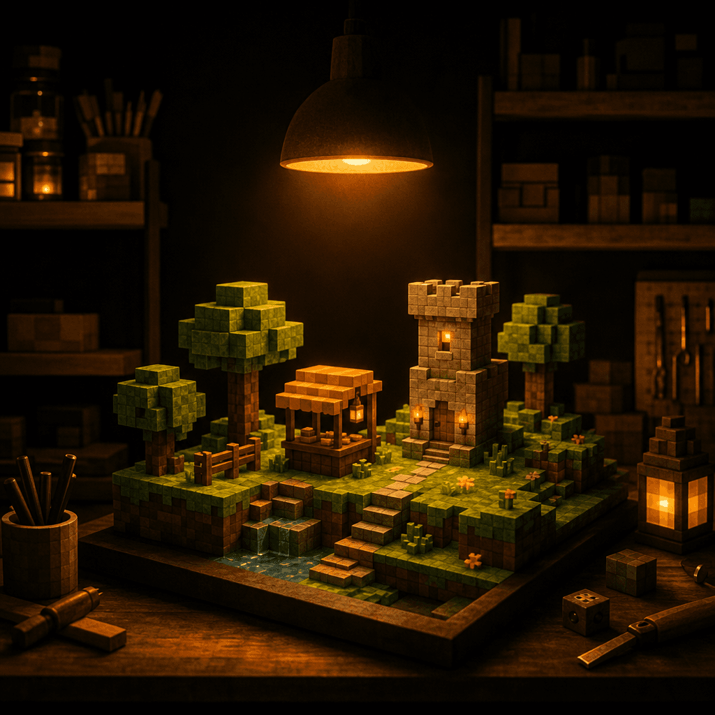 A small game world on a workbench, lit by a warm lamp